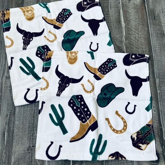 Cowboy Western Horseshoe Cactus Boots Hat Print Cotton Bath Washcloths Lot - Picture 1 of 2
